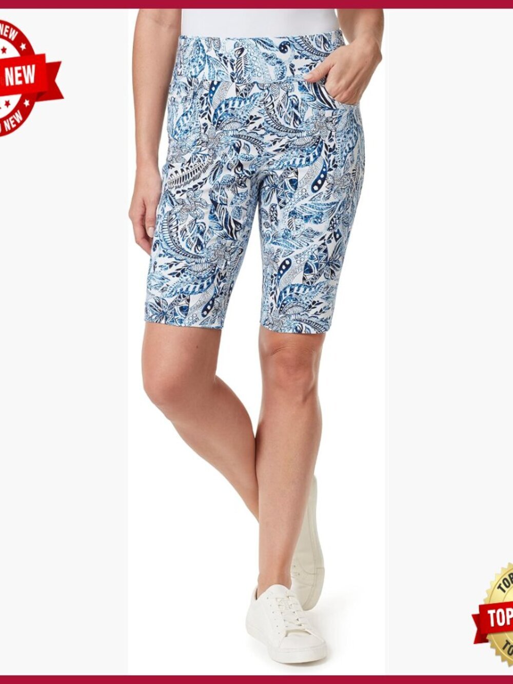 High Rise Pull On Capri Bermudas Stretch Cotton 5 Pockets